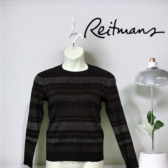 NWOT, Reitmans, Classic Black & Gray Striped Crewneck Sweater, XL - Picture 1 of 8